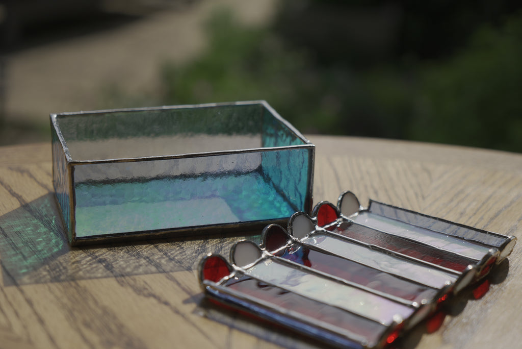 Stained Glass Trinket Box Blue, White, Red